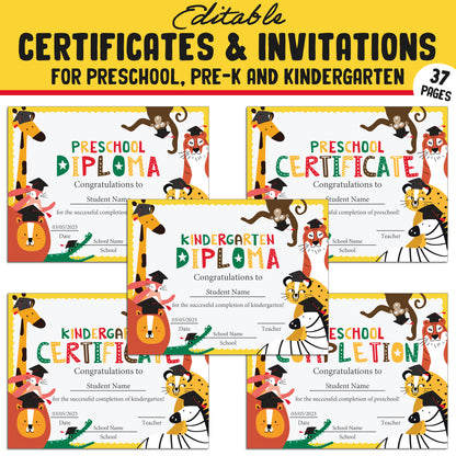 Fun Editable Certificates and Invitations for Preschool, Pre-K, and Kindergarten – 37 Customizable Pages, PDF Instant Download