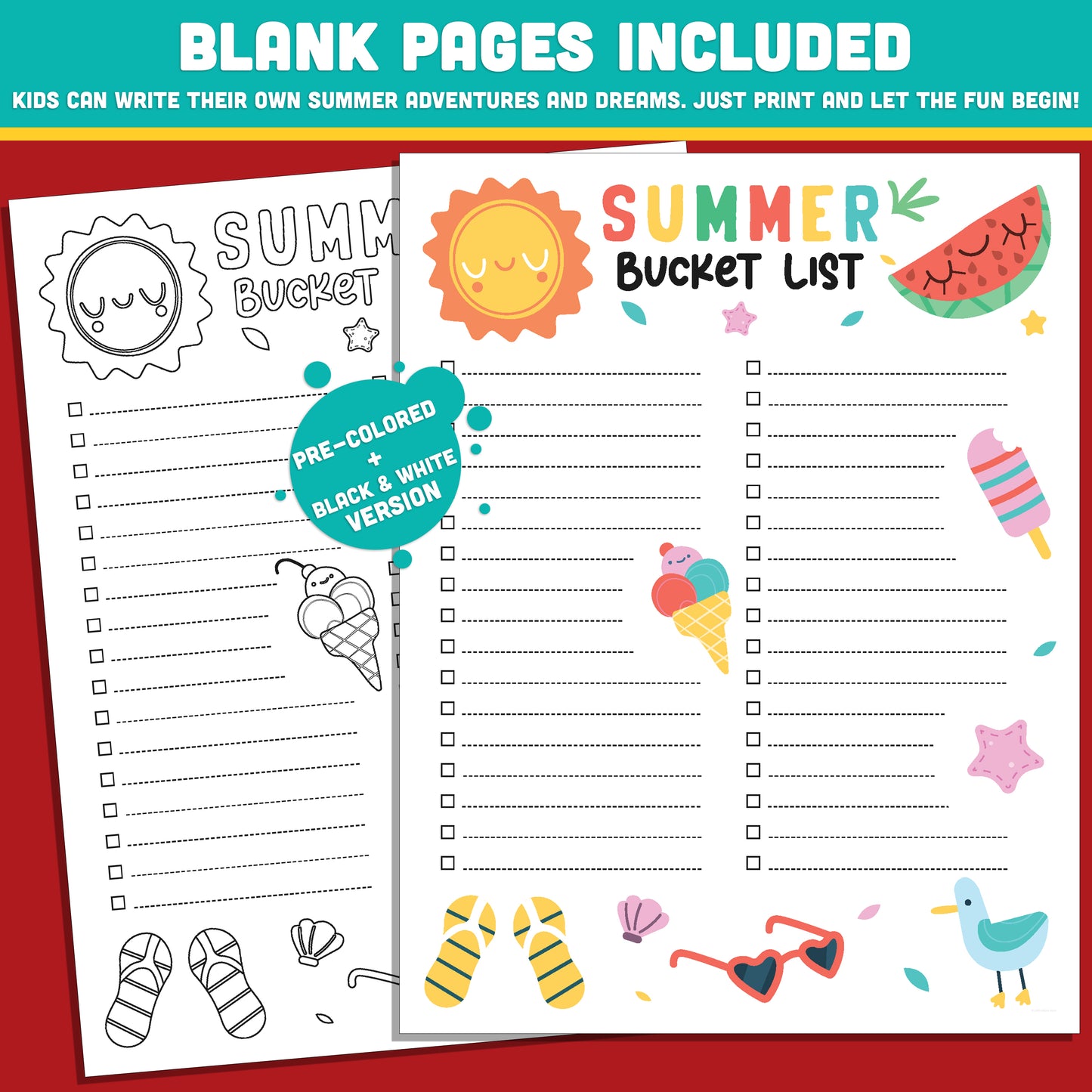 Editable Summer Break Checklist Printable – Fun Bucket List Template for Kids in PDF & PowerPoint with Coloring Options, Instant Download