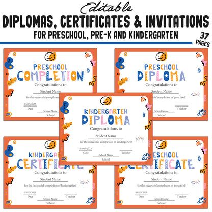 Boost Your Graduation Ceremony with 37 Editable Kindergarten, Pre-K, Preschool Certificates, Diplomas & Invitations, Instant PDF Download!