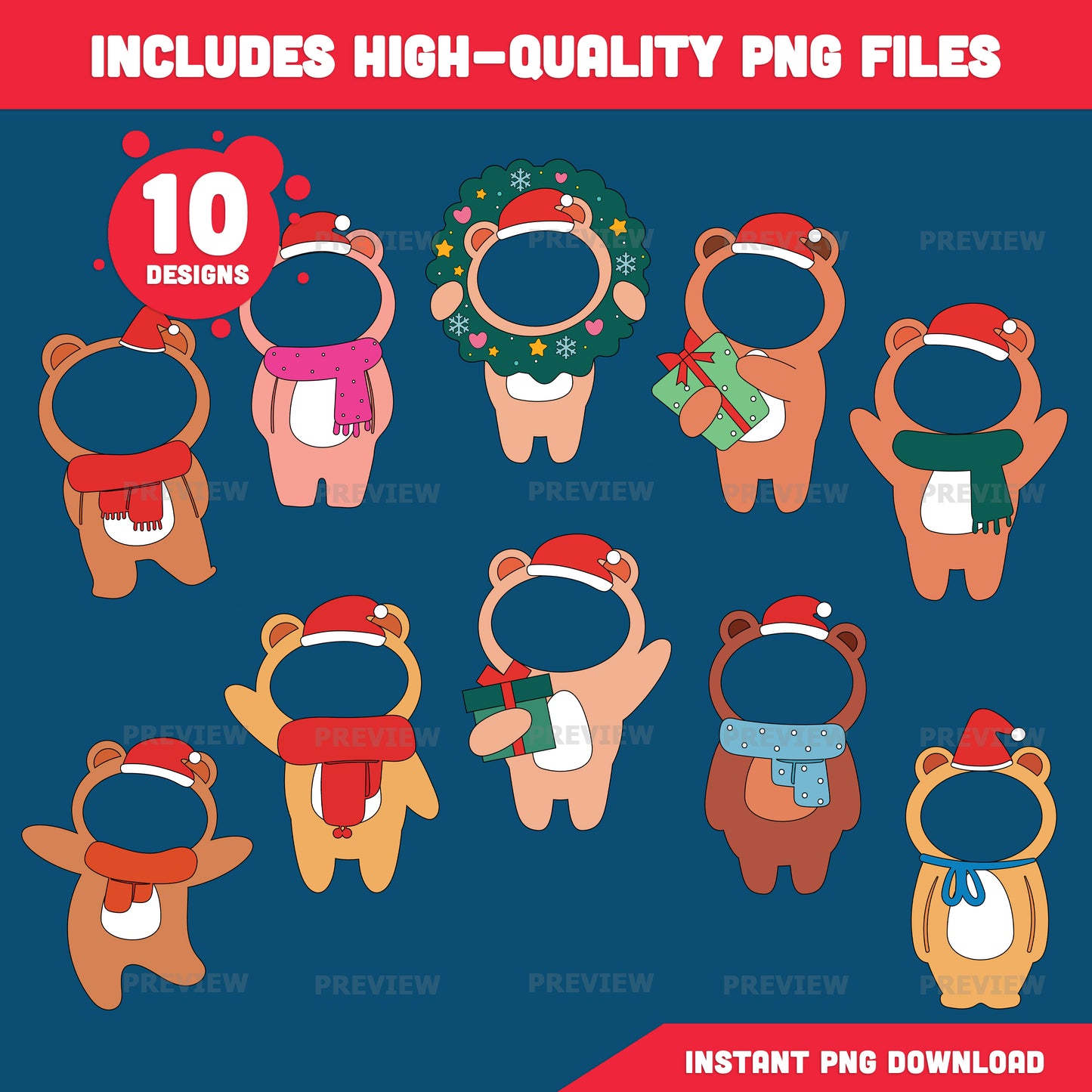 Christmas Bear Body Templates, Add Your Own Face Christmas Bear Crafts, Winter Body Templates with Coloring Version Included, High-Resolution PDF + PNG