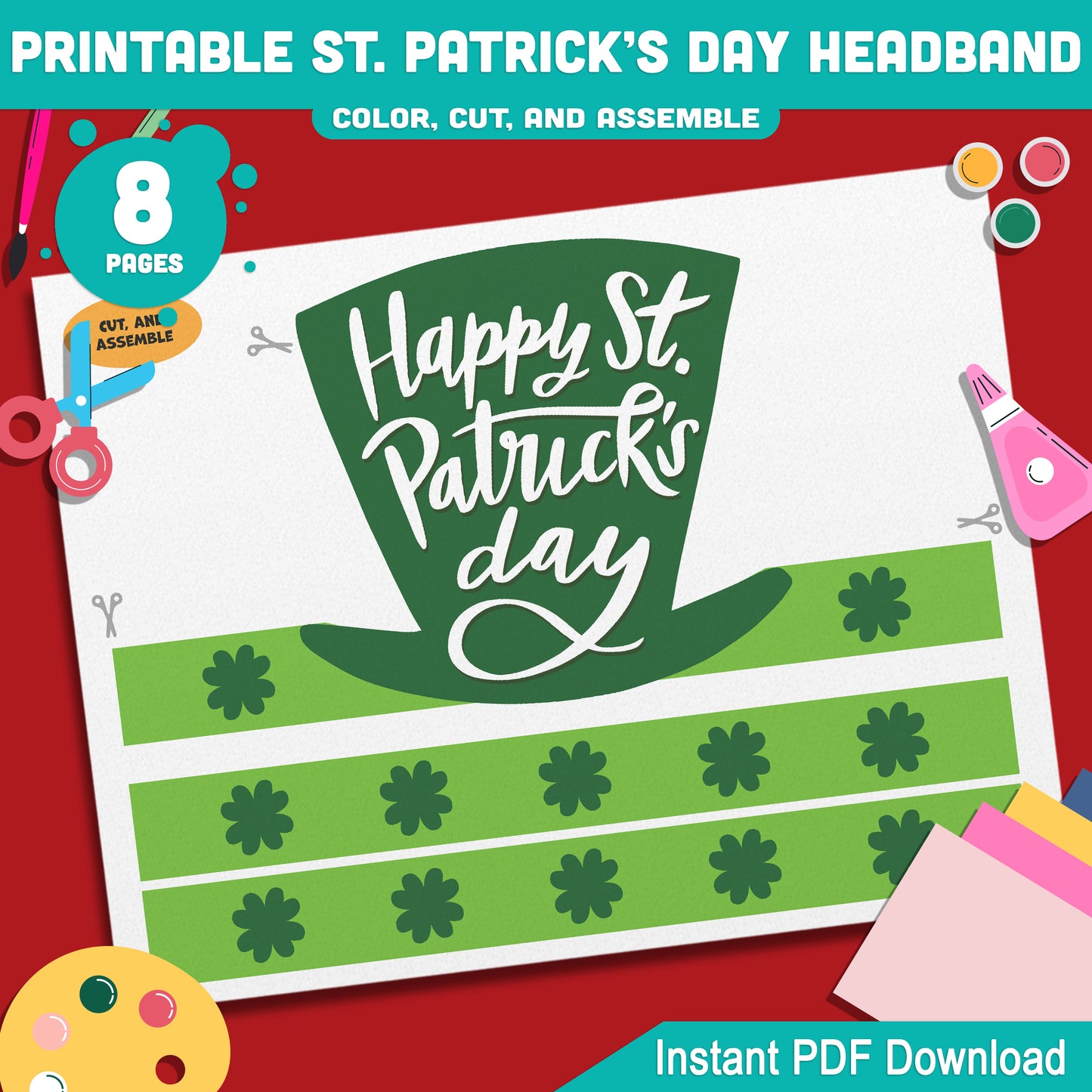 Printable St. Patrick’s Day Headband and Crown Hat Crafts for Kids, Lucky Leprechaun Shamrock Paper Wearable Set, Party Play Activity, Pre-color + Black & White PDF