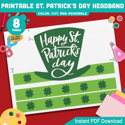 Printable St. Patrick’s Day Headband and Crown Hat Crafts for Kids, Lucky Leprechaun Shamrock Paper Wearable Set, Party Play Activity, Pre-color + Black & White PDF