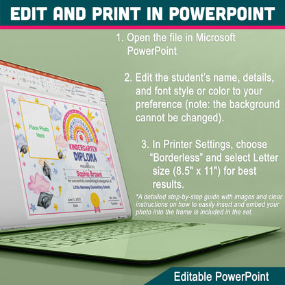 Kindergarten Graduation Certificate, Printable Rainbow Awards for End of School Year Celebration, Editable Kindergarten Keepsake Set Photo and No Photo, PDF PowerPoint