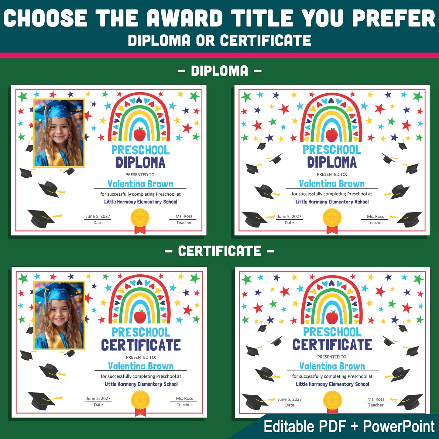 Editable Certificate of Completion, Printable Rainbow Student Awards, Photo and No-Photo Options, PDF and PowerPoint