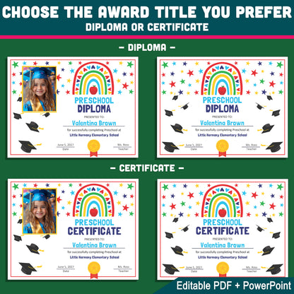 Editable Certificate of Completion, Printable Rainbow Student Awards, Photo and No-Photo Options, PDF and PowerPoint