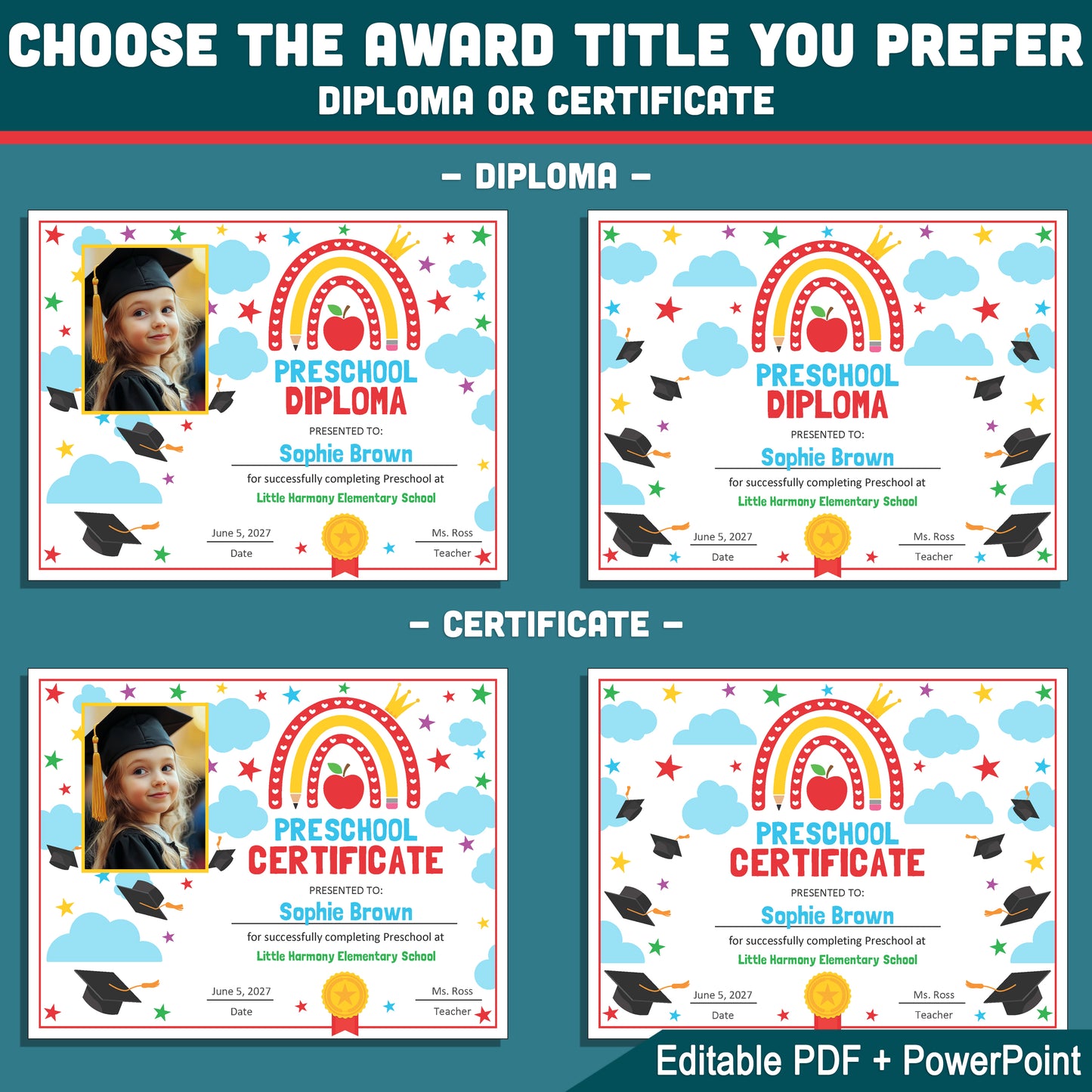 Editable Awards and Certificates, Graduation Set for Preschool & Beyond, Any Grade Diploma or Certificate Template, With and Without Photo, PDF PowerPoint