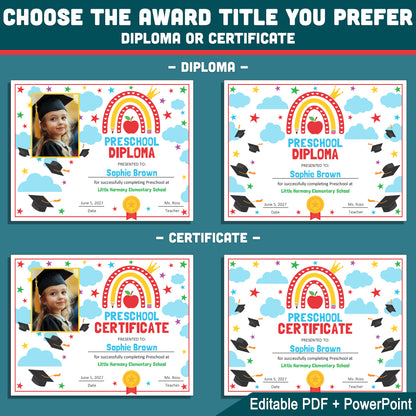 Editable Awards and Certificates, Graduation Set for Preschool & Beyond, Any Grade Diploma or Certificate Template, With and Without Photo, PDF PowerPoint