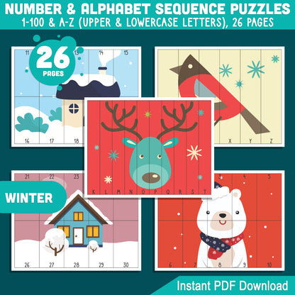 Festive Christmas and Winter Holiday Puzzles: Number 1-100 and Alphabet A-Z Activities for Kids, Ideal for Preschool Math Centers, Printable PDF Download