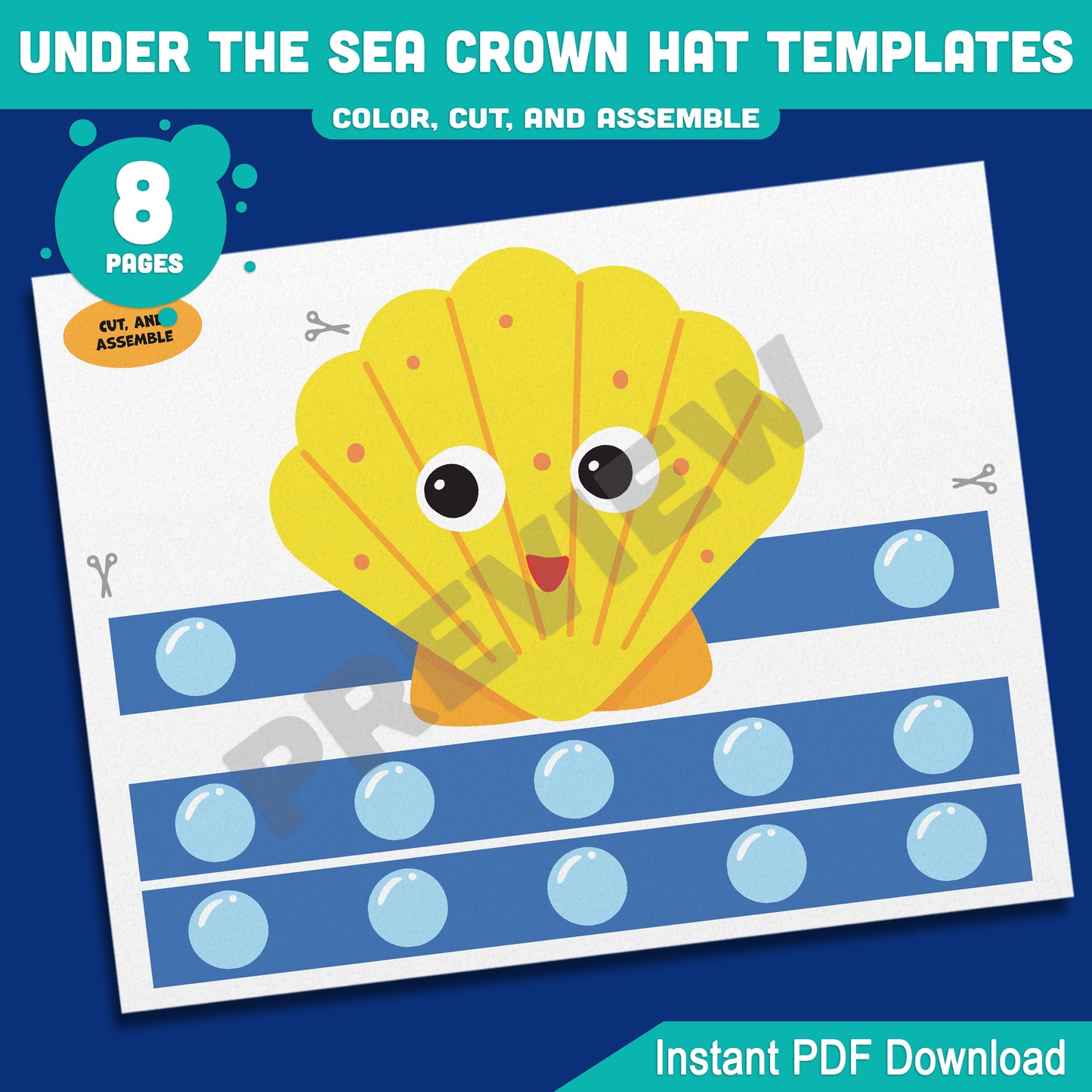 Under the Sea Crown Templates – 8 Fun Printable Headbands in Pre-Colored + Black & White for Preschool and Kids’ Ocean Crafts, PDF Download