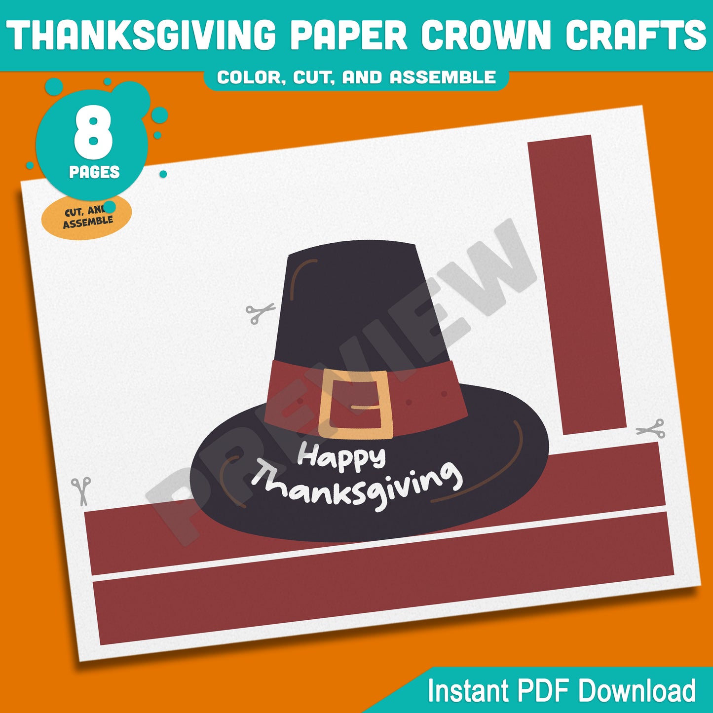 Printable Happy Thanksgiving Paper Crown Crafts, Fall Hat & Autumn Headband Activity for Kids, Party Paper Hat, 4 Designs, Pre-color + Black & White, PDF