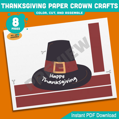 Printable Happy Thanksgiving Paper Crown Crafts, Fall Hat & Autumn Headband Activity for Kids, Party Paper Hat, 4 Designs, Pre-color + Black & White, PDF