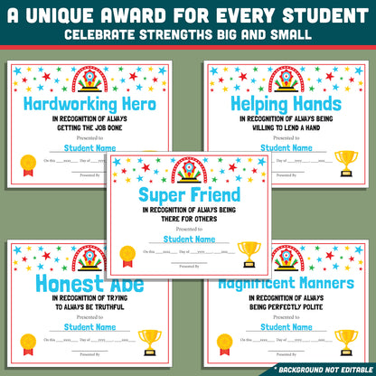 Classroom Superlatives End of Year, Printable Certificates Bundle, 26 Editable Designs, Student Recognition Pack, Lighthearted Classroom Awards