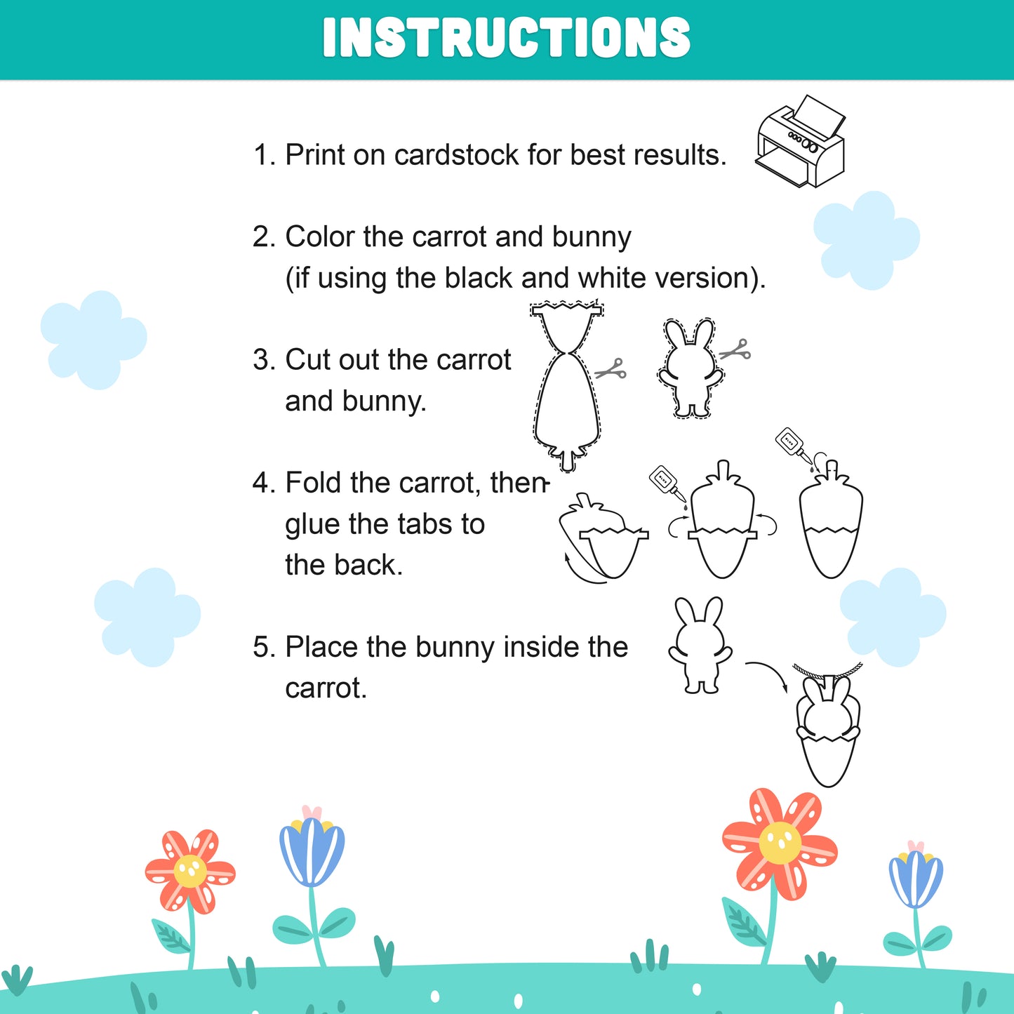 Paper Bunny and Carrot Craft for Easter, Bunny in a Carrot Craft Activity Printable, Spring Cut and Glue Craft Template, 4 Designs, 300 DPI PDF