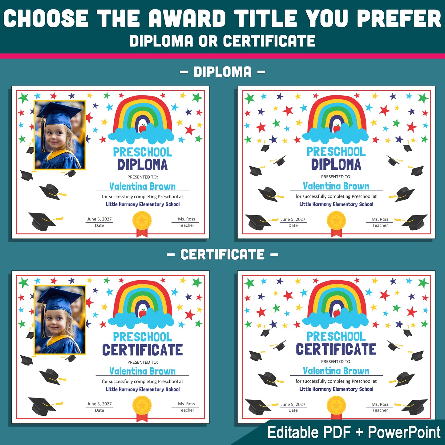 Editable Certificate Templates, Printable Awards for Any Grade, PDF and PowerPoint, Photo and No-Photo Styles