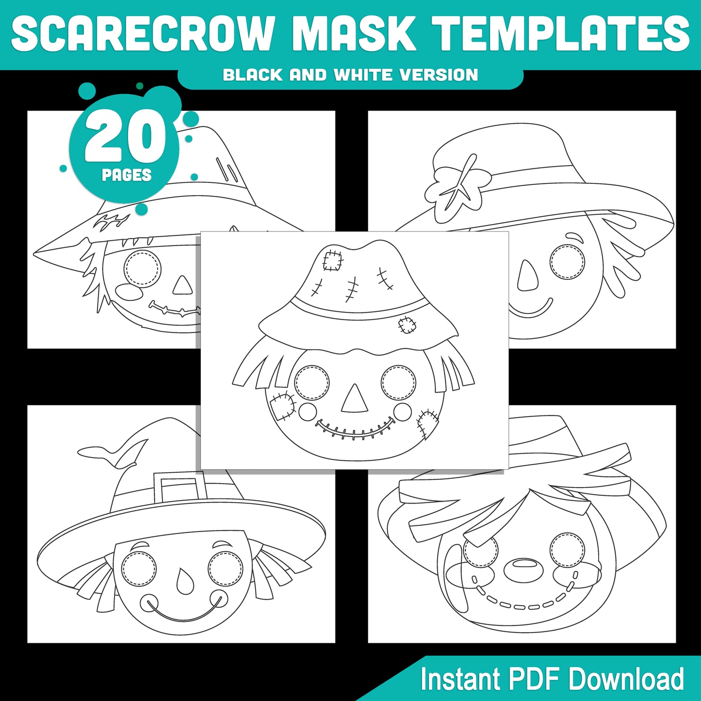 Scarecrow Mask Templates for Kids: 10 Printable Designs, 20 Pages, Pre-Colored + Black and White, Great for Classroom or Home Crafts, PDF Download