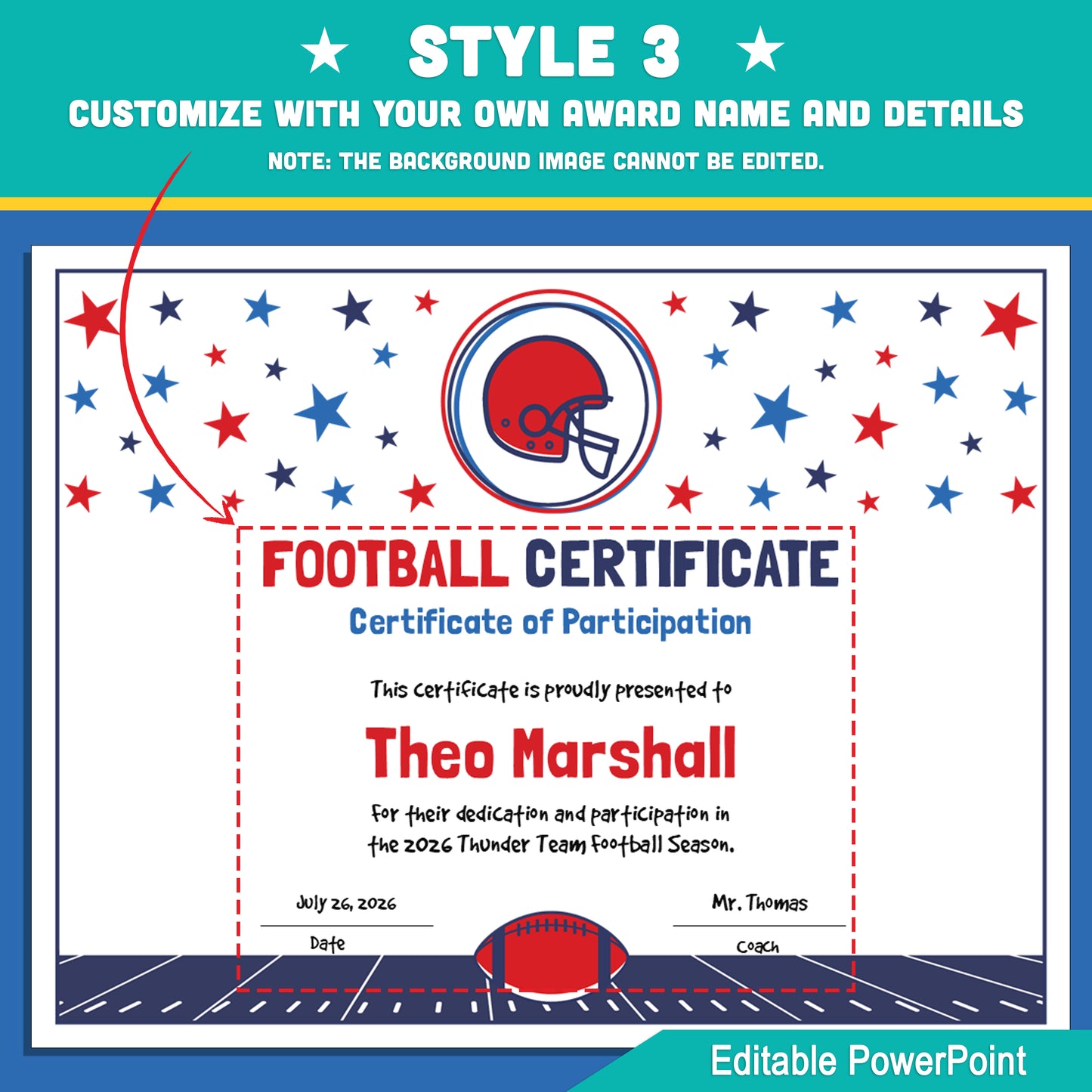 Editable Football Certificates | 4 Styles with Photo Options | Youth Team Awards, Player Recognition - 8.5x11 PowerPoint Instant Download
