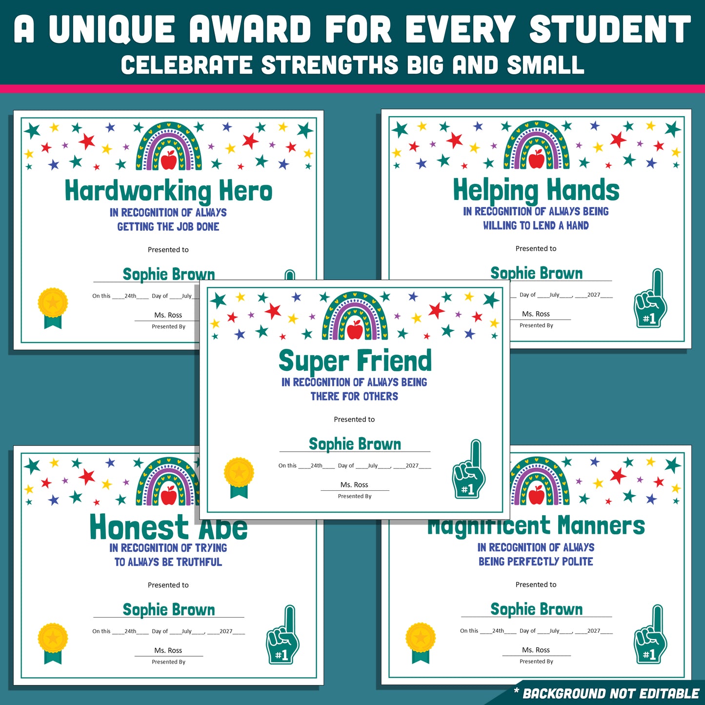 Editable End-of-Year Superlative Awards, Personalized Classroom Honors, Rainbow and Star Themed Certificates, PowerPoint