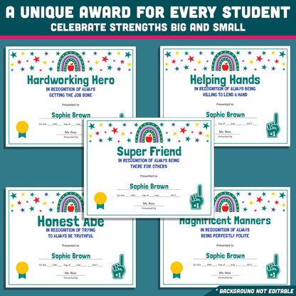 Editable End-of-Year Superlative Awards, Personalized Classroom Honors, Rainbow and Star Themed Certificates, PowerPoint