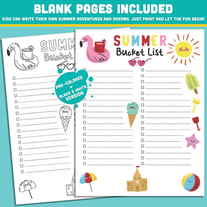 Editable Summer Bucket List for Kids: Printable Planner with Activities, Blank Pages, Color & Black & White, 8.5x11", Instant Use
