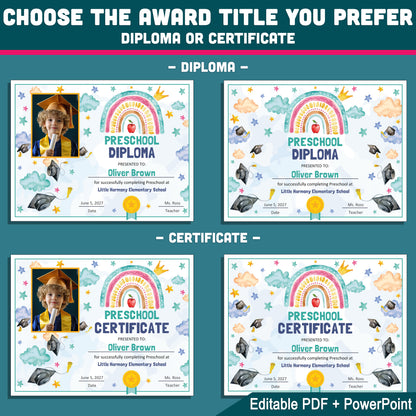 Preschool Appreciation Certificate, Personalized Diplomas and Certificates, Any Grade Awards, With and Without Photo, PDF PowerPoint