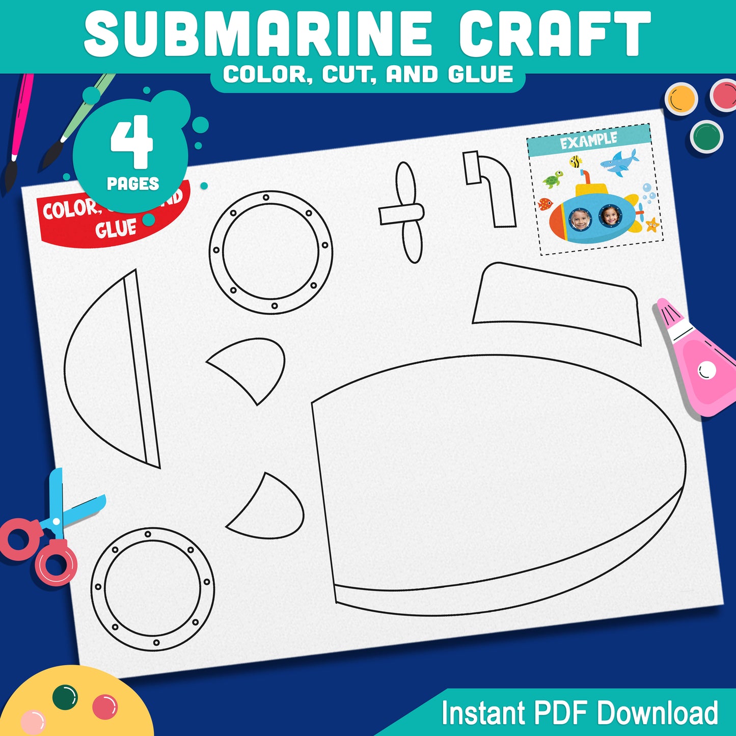 Under the Sea Submarine Photo Craft, Summer Printable Activity, Ocean-Themed Cut and Glue Project, Classroom Decor, Full Color and Outline Set