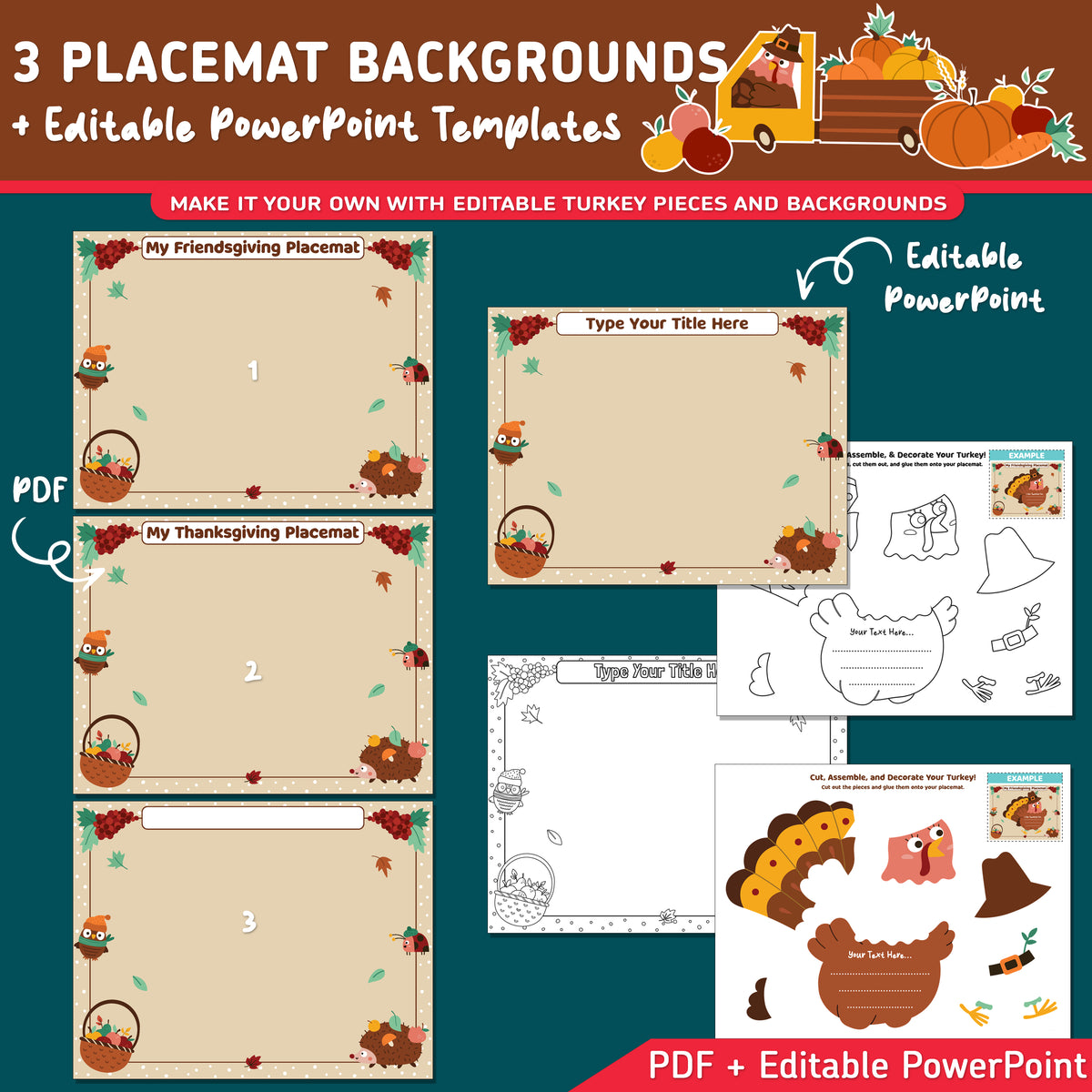 Thanksgiving Placemat Craft, Friendsgiving Placemat, Turkey Craft and Gratitude Writing