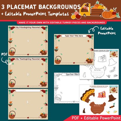 Thanksgiving Placemat Craft, Friendsgiving Placemat, Turkey Craft and Gratitude Writing