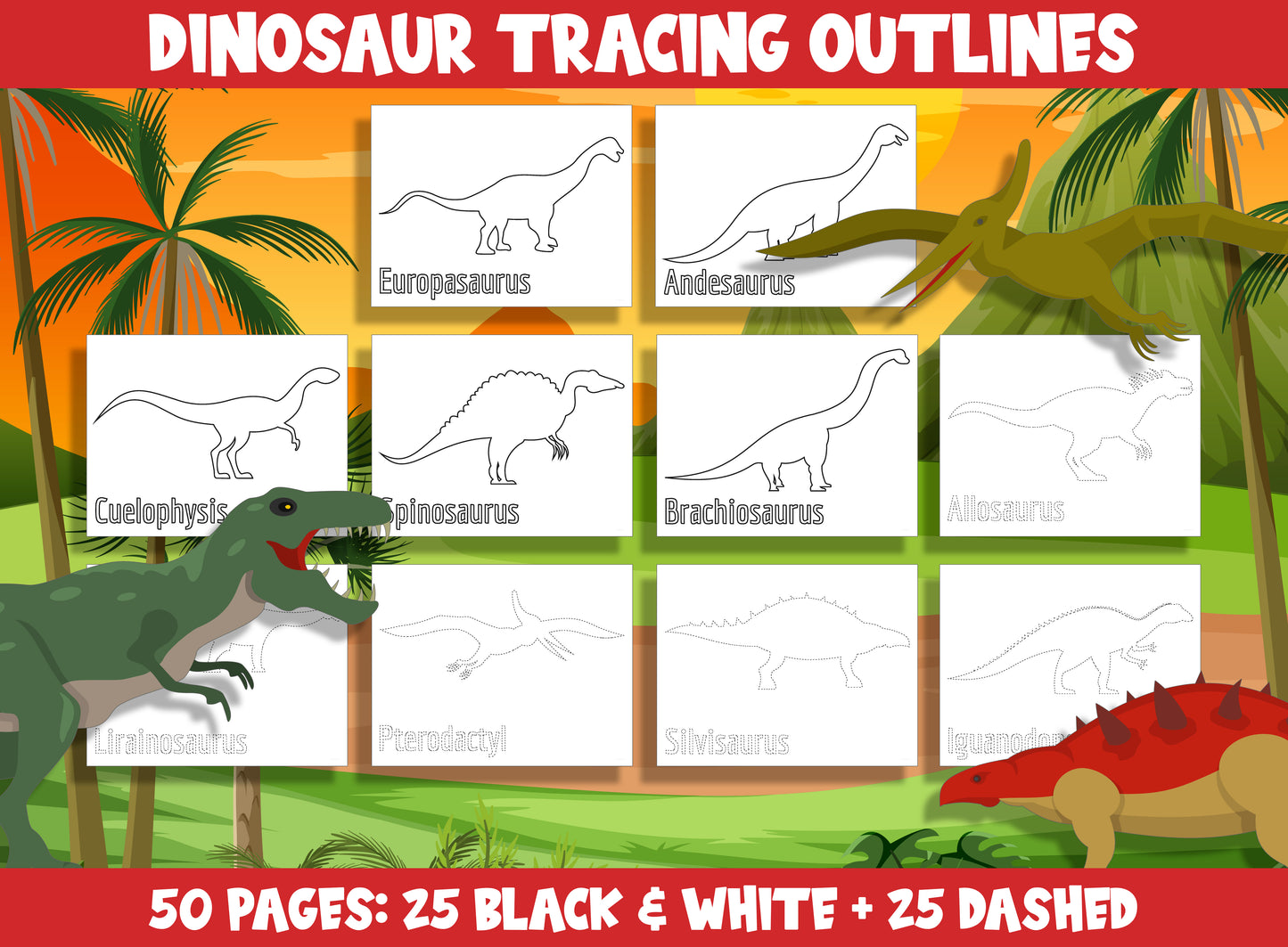 Printable Dinosaur Outline, 25 Blank (Black & White) + 25 Dashed Tracing Outlines Clipart Set, Template / Coloring Sheet for All Grades.