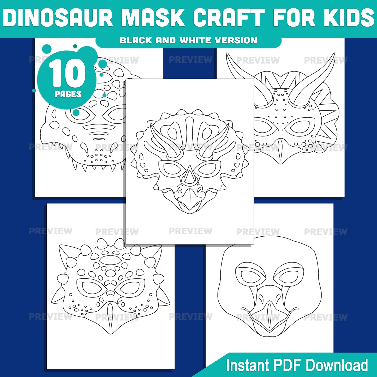 Dinosaur Face Coverings Printable, Prehistoric Character Outlines, Toddler Role Play Resource, Early Learning Craft Center, 10 Designs, Precolored Black and White, 8.5 x 11, Instant PDF Download