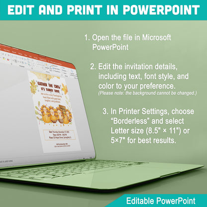 Thanksgiving Invitation, Gather the Crew – It’s Turkey Time!, Editable PowerPoint Template, 3 Sizes (Letter 8.5x11”, 5x7”, Tag 2x3”), High-Res 300 DPI
