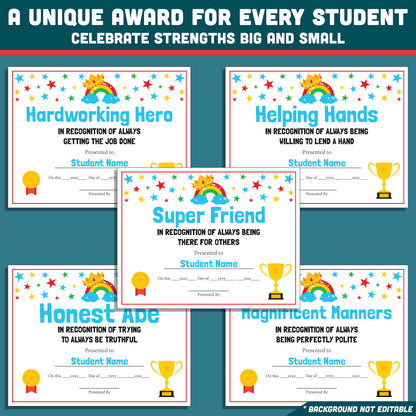 End of School Year Student Awards, Editable Recognition Certificates, 26 Student Awards Pack, Printable Classroom Celebration Materials