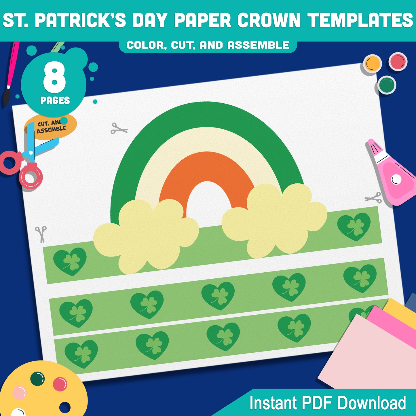St. Patrick’s Day Paper Crown Templates – Wearable Craft for Kids, Lucky Shamrock Headband, Leprechaun Classroom Hat, Pre-color + Black & White