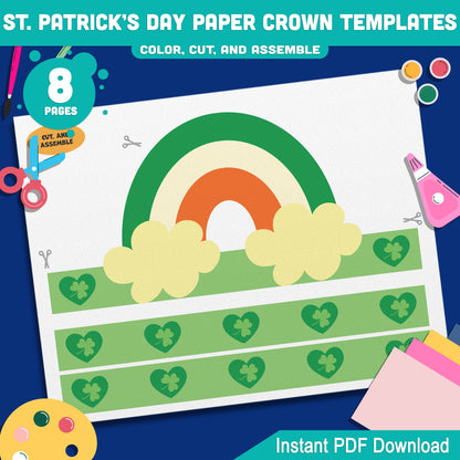 St. Patrick’s Day Paper Crown Templates – Wearable Craft for Kids, Lucky Shamrock Headband, Leprechaun Classroom Hat, Pre-color + Black & White