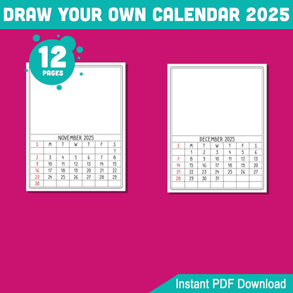 DIY Calendar 2025 for Kids: 12-Month Blank Templates to Personalize with Artwork, 8.5x11 Inches, PDF Instant Download