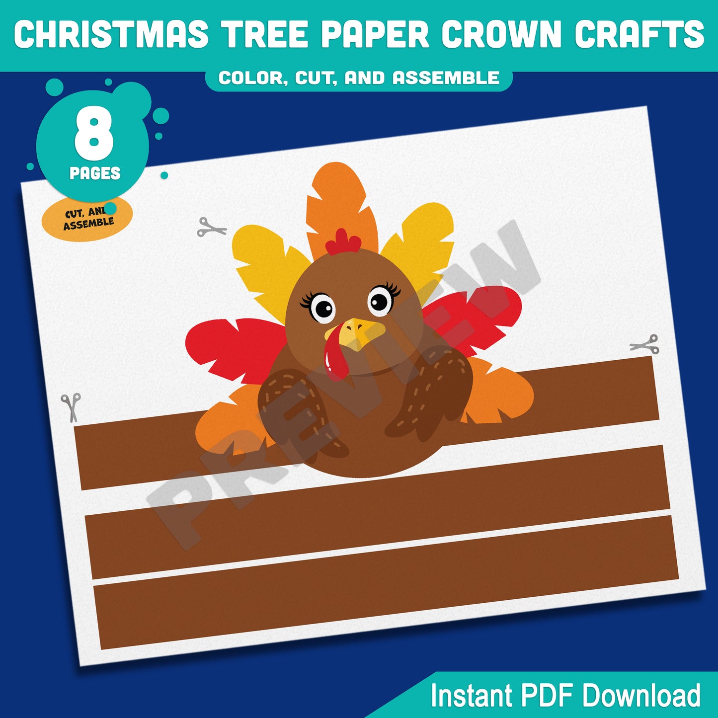 Printable Thanksgiving Turkey Paper Crown Crafts, Fall Coloring Hat & Headband Project for Kids, Autumn Party Hat, 4 Designs, Pre-color + Black & White, PDF Download