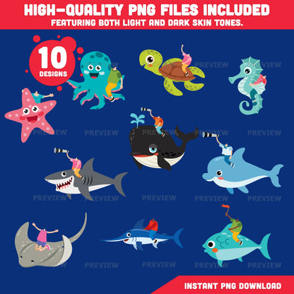 Kids Riding Sea Animal Craft, Add Your Own Face Printable, Sea Creature Rider Template, Fun Classroom Craft, Coloring Version