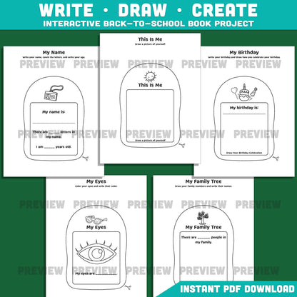 All About Me Backpack Book Craft, Back to School Worksheet, Writing & Craft Activity, 17 Page Student Printable, PDF Download