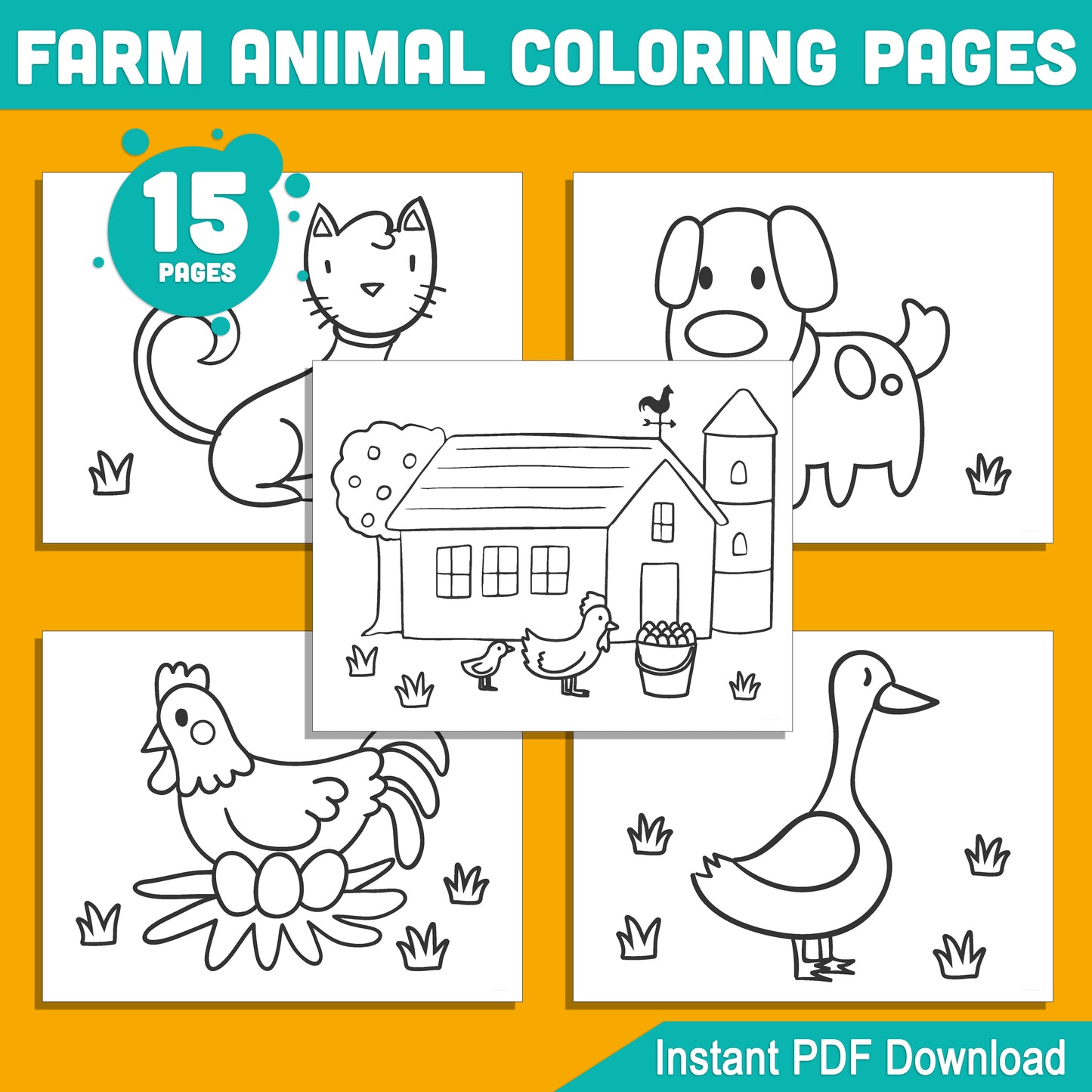 15 Simple Farm Animal Coloring Pages with Thick Borders for Preschool & Kindergarten – Easy-to-Print, Large Size PDF, Instant Download