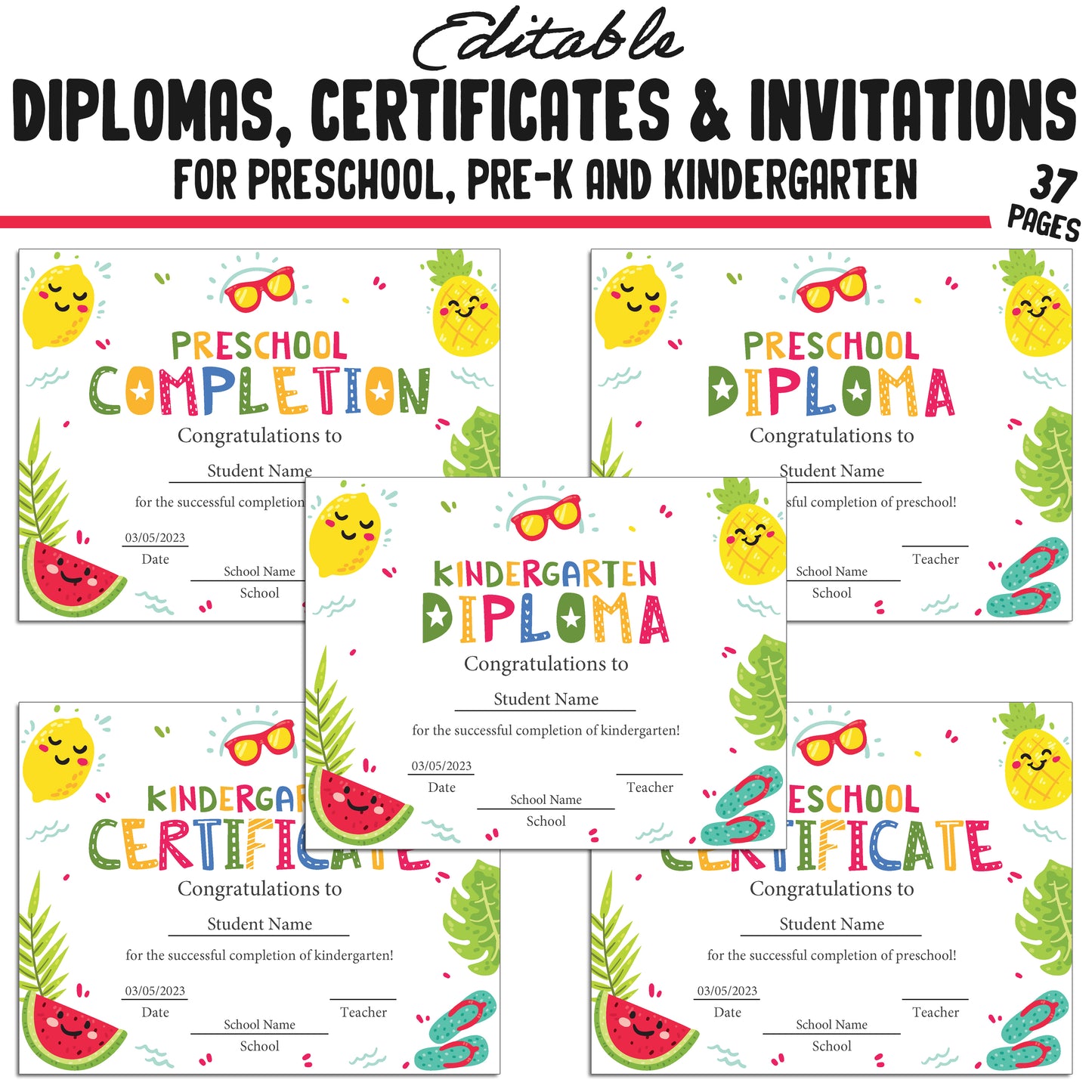 Pre-K Diploma Designs, Kindergarten and Preschool Certificates, and Invitation Templates (PDF Files) - 37 Pages, Instant Download