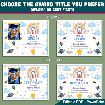 Pre K Diplomas, Editable Awards and Certificates, Graduation Template for Preschool & Beyond, With and Without Photo, PDF PowerPoint
