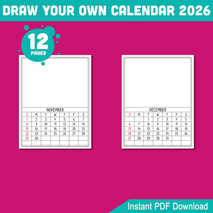 DIY Calendar 2026 for Kids: 12-Month Blank Templates to Personalize with Artwork, 8.5x11 Inches, PDF Instant Download