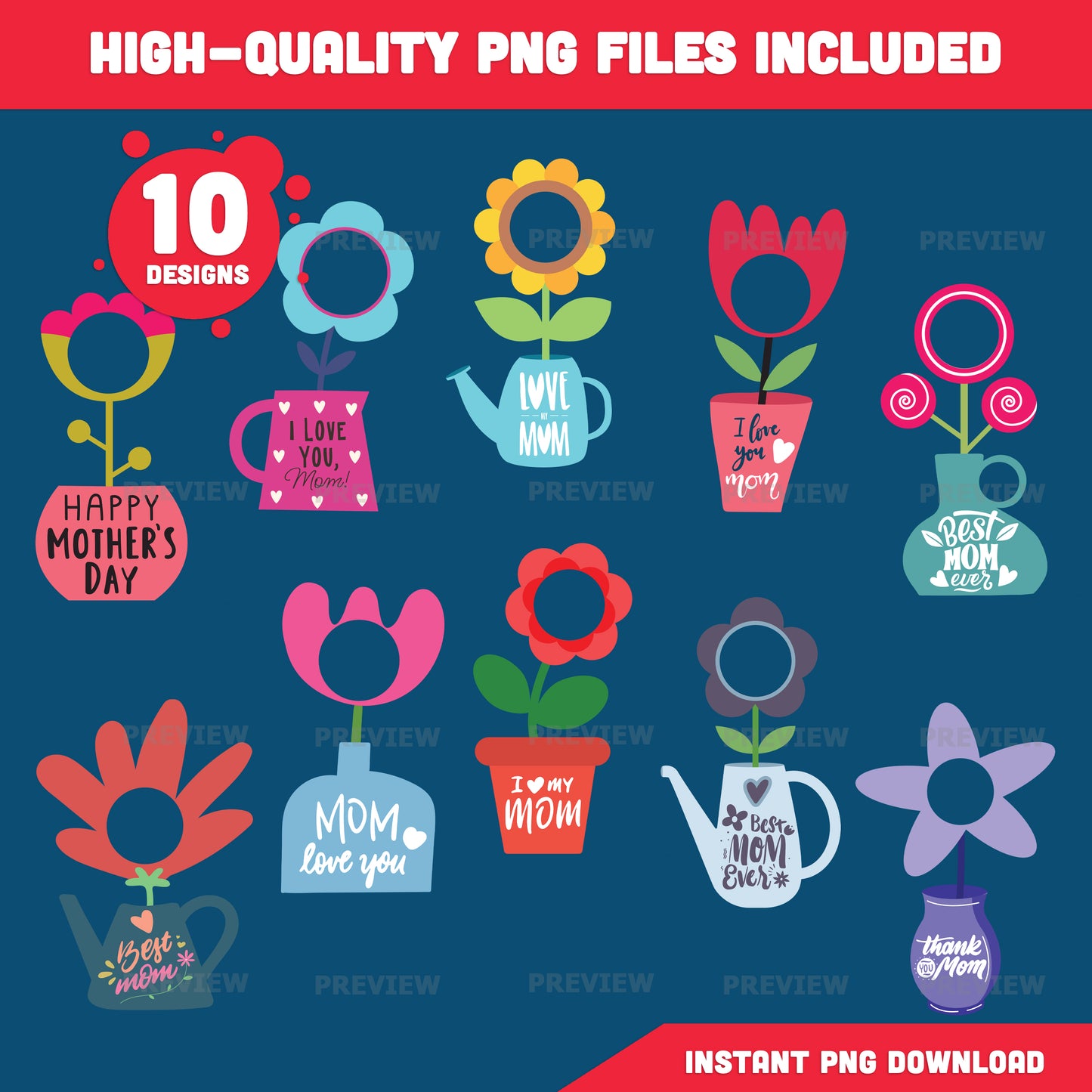 Mother’s Day Flower Add Your Own Face Craft | Best Mom Ever Flower Pot | 10 Designs | Coloring Version Included | Printable Gift