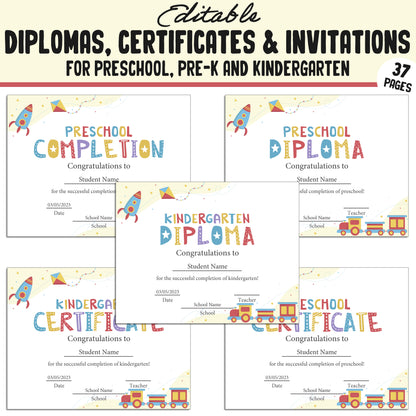 Kindergarten, Preschool, Pre K Certificates, Diplomas, End of the Year & Invitations, 37 Customizable PDF Pages, Instant Download