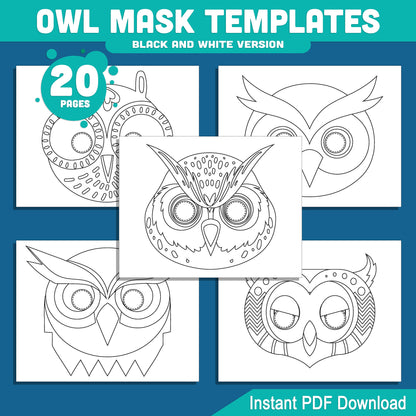 Owl Mask Templates: 20 Printable Pages for Kids’ Craft and Drama, Pre-Colored + Black & White Versions, Fun PDF Activity Download