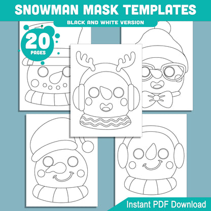 Printable Snowman Mask Templates: 10 Fun Holiday Paper Craft Designs for Kids, 20 Pages (10 Pre-Colored + 10 Black and White), Perfect for Classroom or Home
