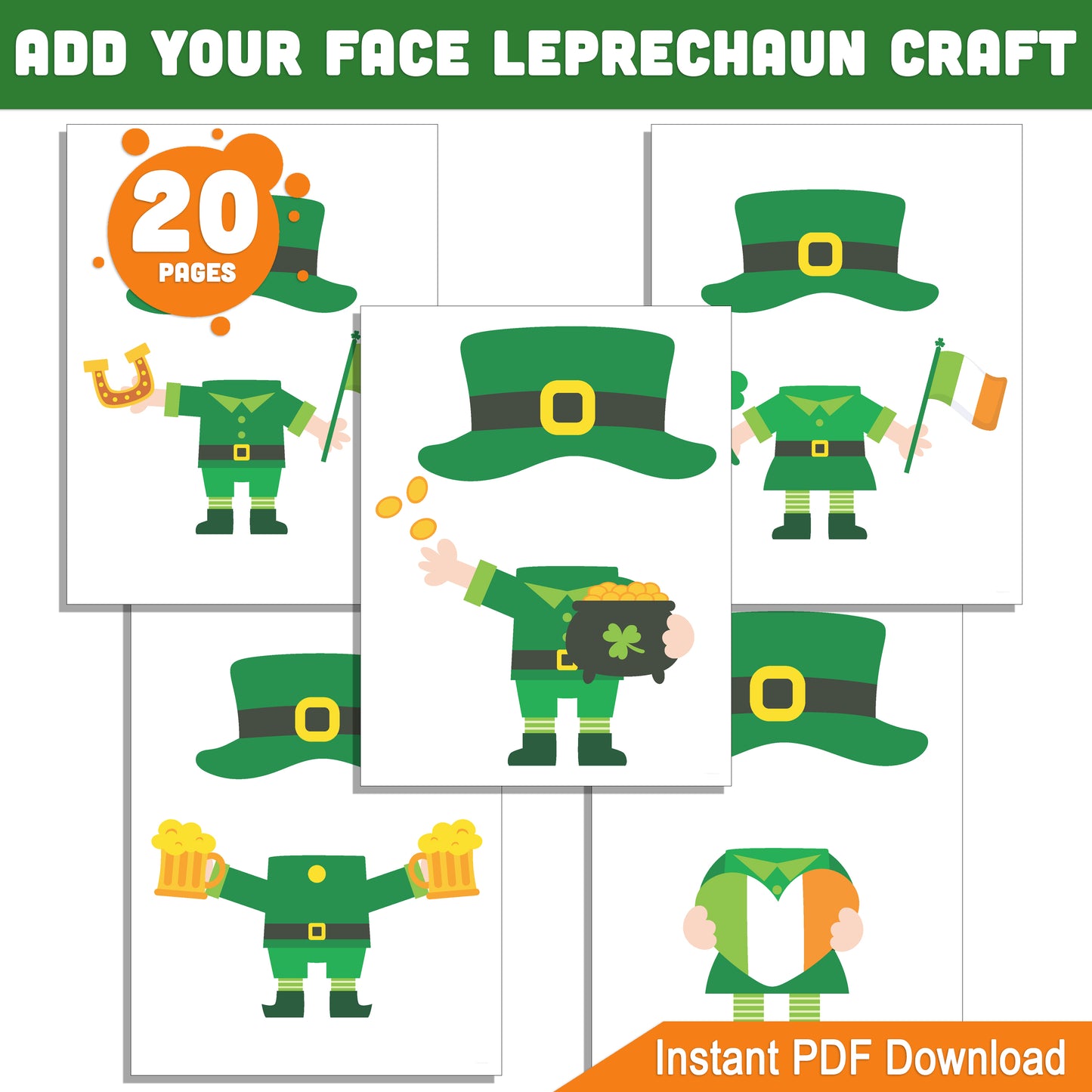 St. Patrick’s Day Add Your Face Leprechaun Craft – 20 Printable Cutout Templates for Kids, Perfect for Bulletin Boards, Classroom Decor, and Spring Fun!