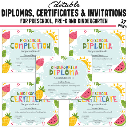 37 Customizable Pre-K Diplomas, Kindergarten, and Preschool Certificates, and Invitation Templates (PDF Files) - Instant Download