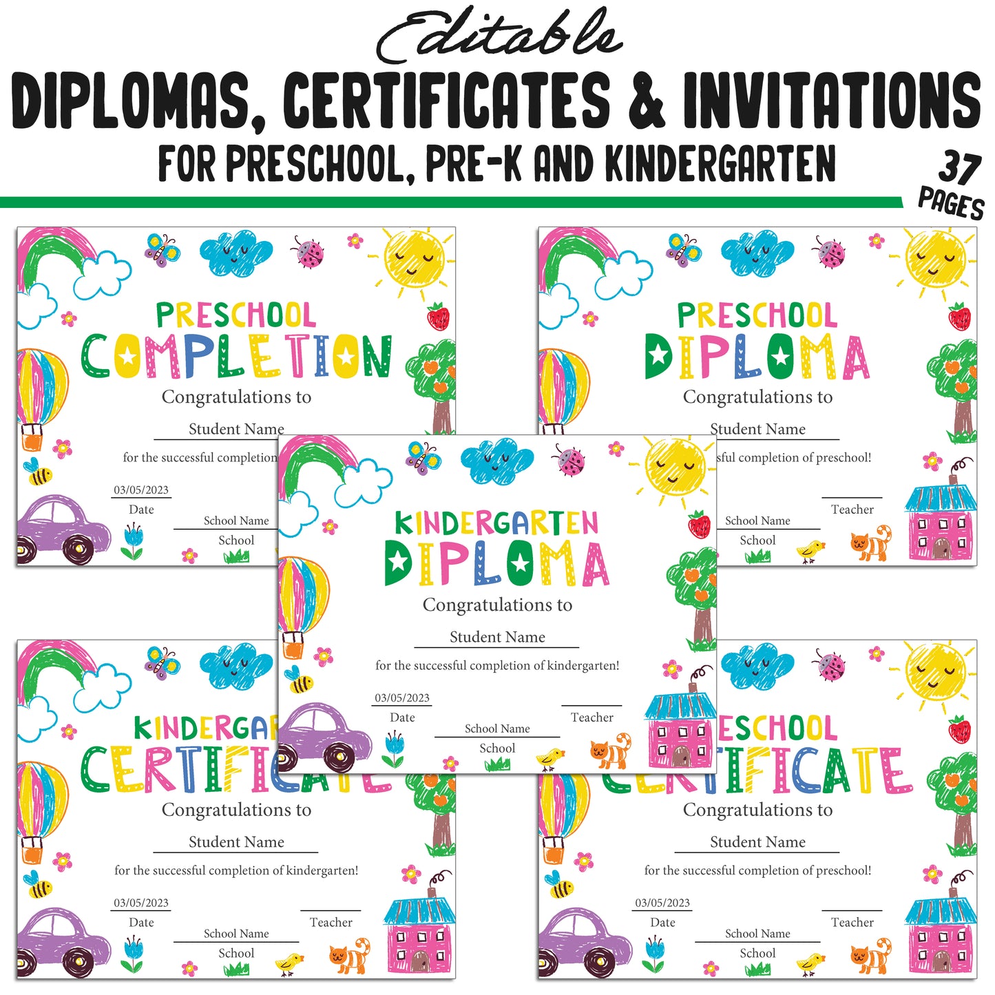 37 Customizable Kids' Drawing Pencil-Themed Pre-K, Kindergarten, and Preschool Diplomas, Certificates, and Invitation Templates (PDF)