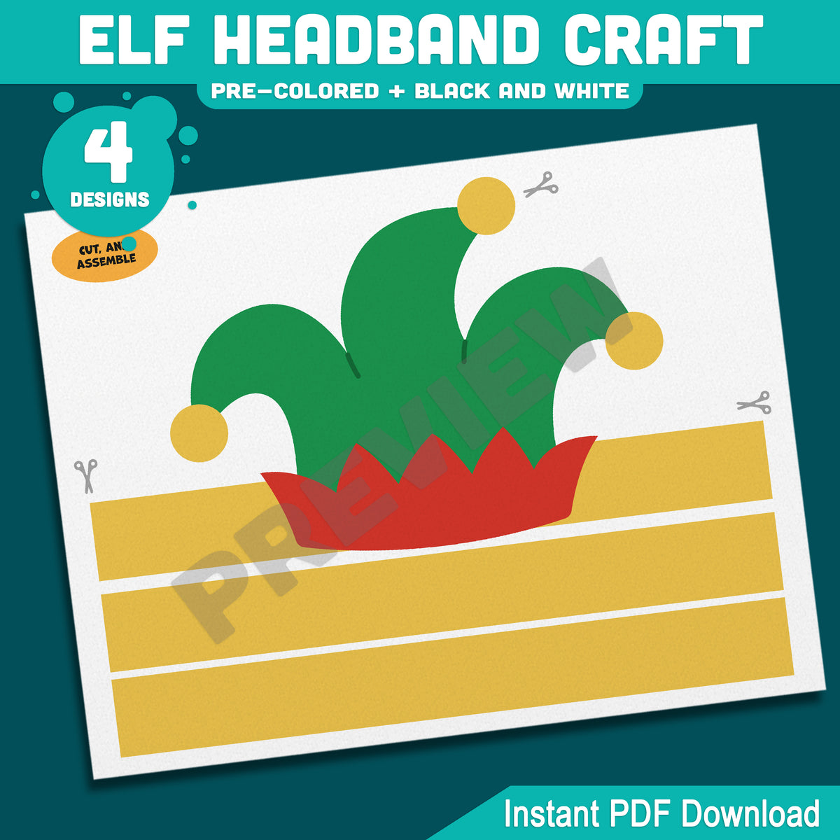 Elf Headband Craft, Holiday Coloring Activity for Kids, Cut and Assemble Paper Hat