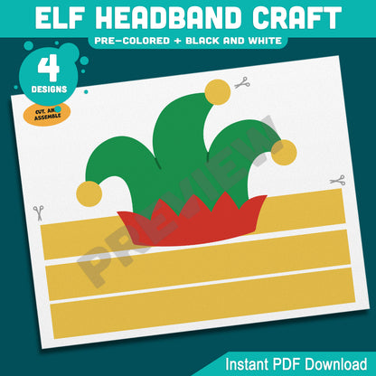 Elf Headband Craft, Holiday Coloring Activity for Kids, Cut and Assemble Paper Hat